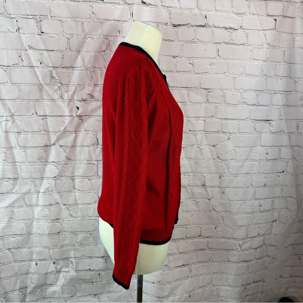 vtg country casuals Red wool blend Cardigan Black Trim womens L preppy office - Picture 2 of 8
